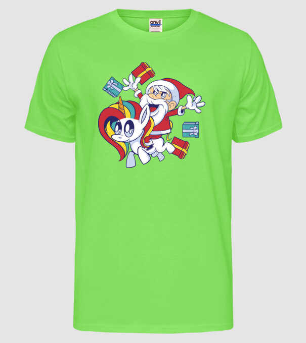 Moș Crăciun pe un unicorn model verde neon pe tricou