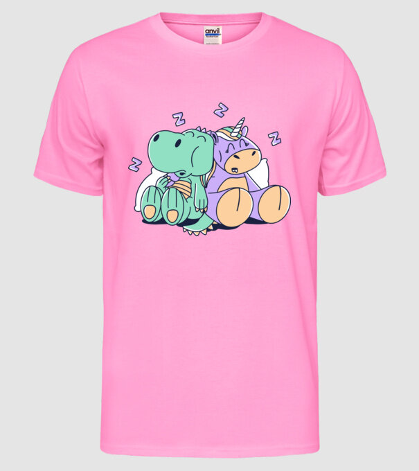 Unicorn adormit și T-rex model roz neon pe tricou