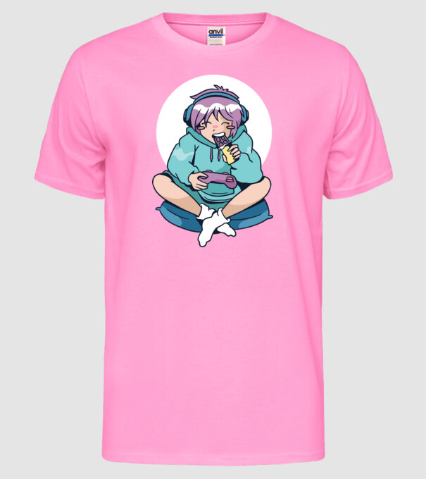 Anime Gamer Fată cu ciocolată model roz neon pe tricou