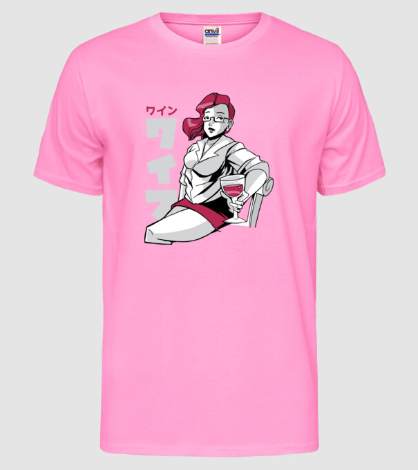 Anime fată cu vin model roz neon pe tricou