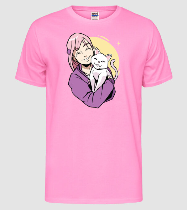 Anime fată cu pisică model roz neon pe tricou