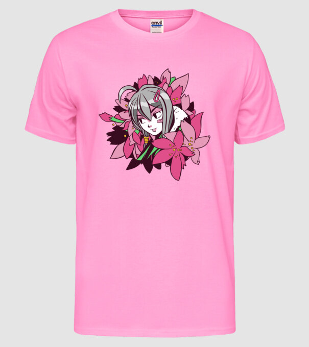 Anime fată printre flori model roz neon pe tricou