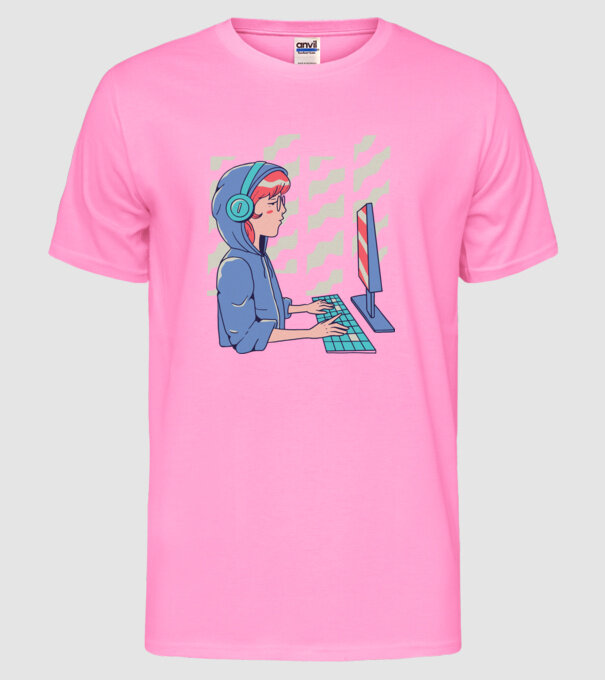 Anime Programator fată model roz neon pe tricou