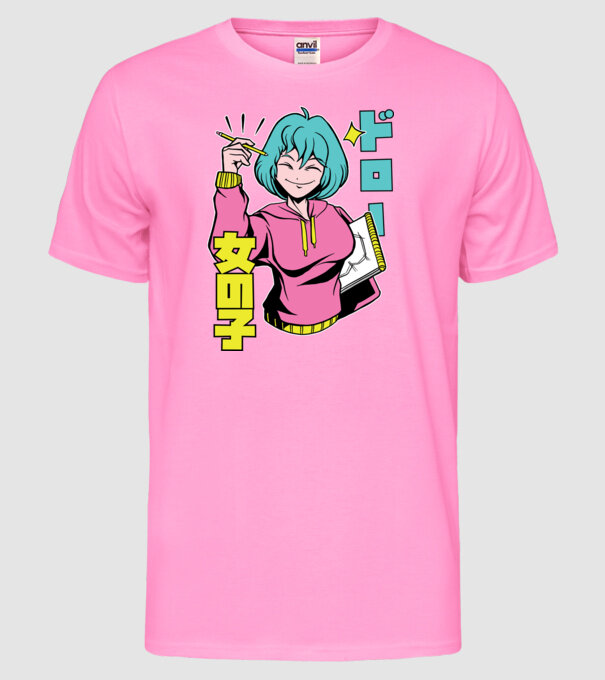 Anime fată desenând model roz neon pe tricou