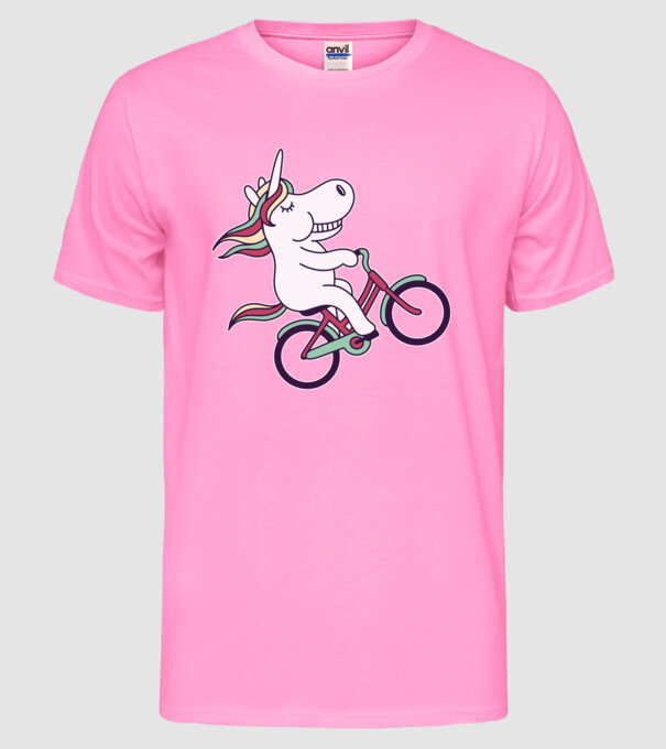 unicorn cu bicicletă model roz neon pe tricou