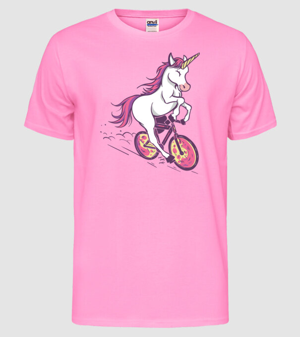 unicorn cu bicicletă model roz neon pe tricou