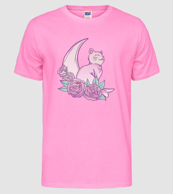 Pisică pe lună model roz neon pe tricou