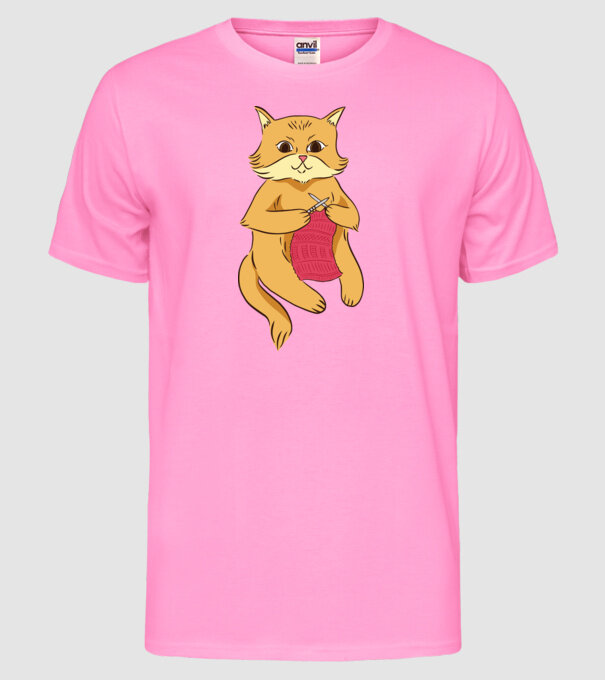 Pisică croșetând model roz neon pe tricou