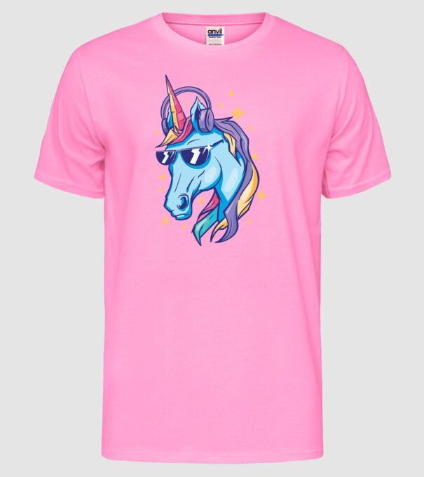 Unicorn strălucitor cu căști model roz neon pe tricou