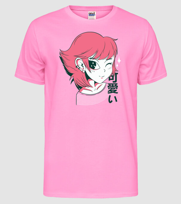 Fată drăguță Anime model roz neon pe tricou