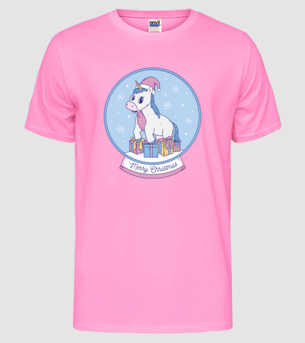 Glob de zăpadă drăguț, de Crăciun, cu Unicorn model roz neon pe tricou
