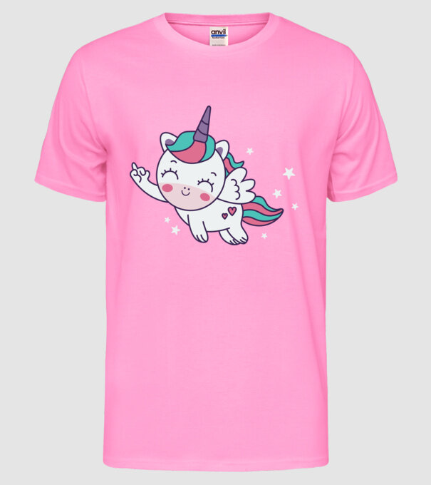 Unicorn drăguț arată degetul model roz neon pe tricou