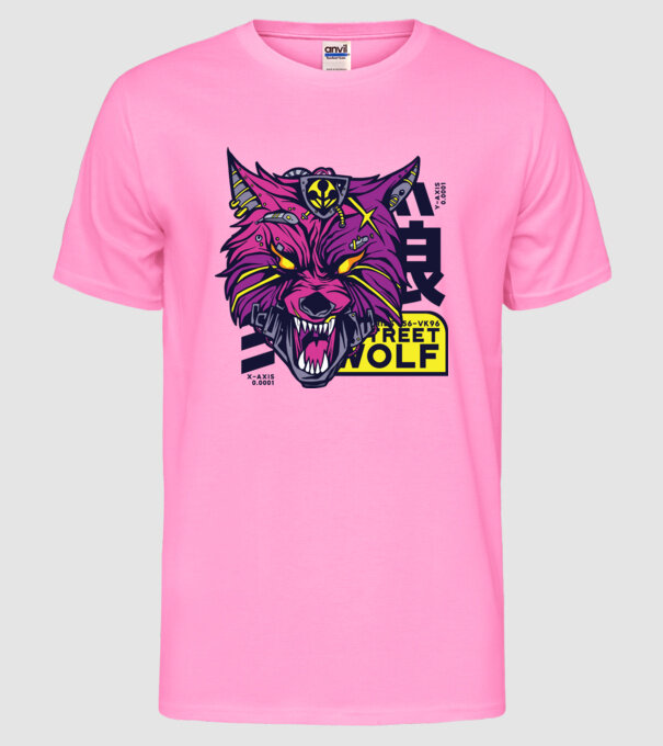 Cap de lup Cyberpunk model roz neon pe tricou