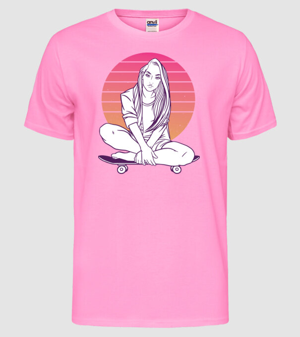 Fată Skateboarder model roz neon pe tricou