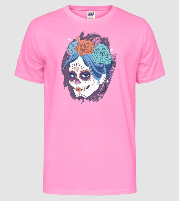 Dia de Los Muertos - Craniu cu flori model roz neon pe tricou