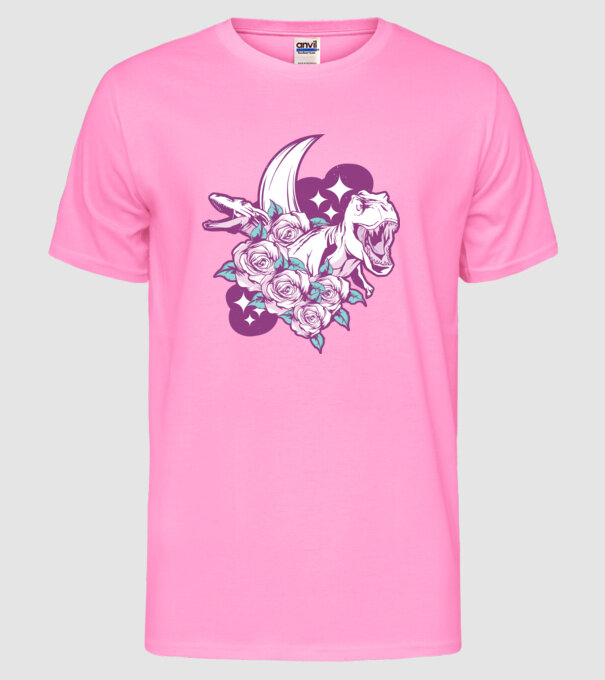 Dinozaur cu trandafiri model roz neon pe tricou