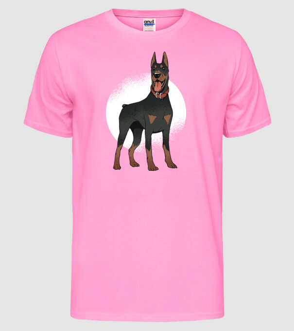 Tricou cu câine dobermann model roz neon pe tricou