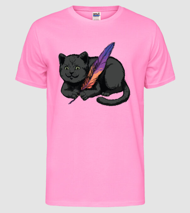 Pisicuță neagră cu pene model roz neon pe tricou