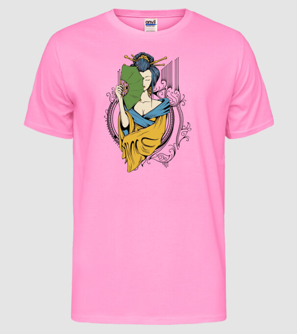 Geisha cu evantai 2 model roz neon pe tricou