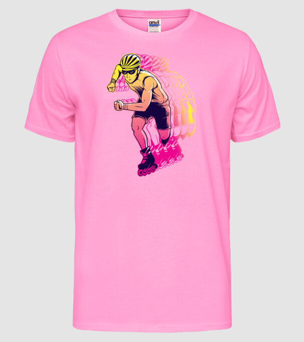 Concurent patine pe rotile model roz neon pe tricou