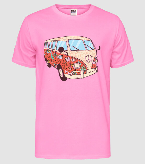 Tricou microbuz hippi retro model roz neon pe tricou