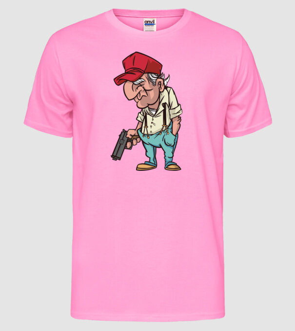 Bătrân cu armă model roz neon pe tricou