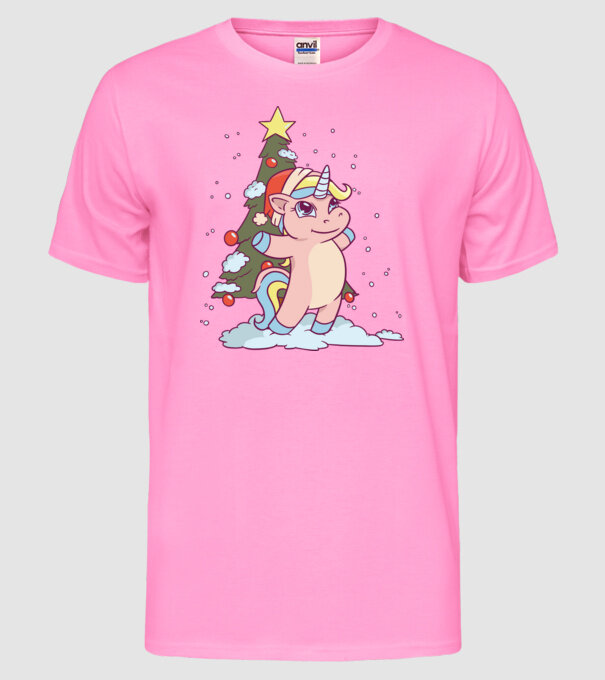 Unicorn de Crăciun model roz neon pe tricou