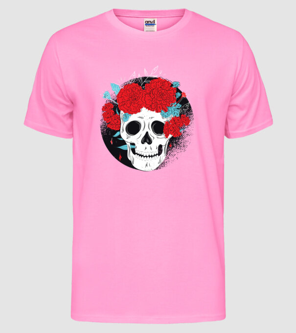 Craniu cu flori model roz neon pe tricou
