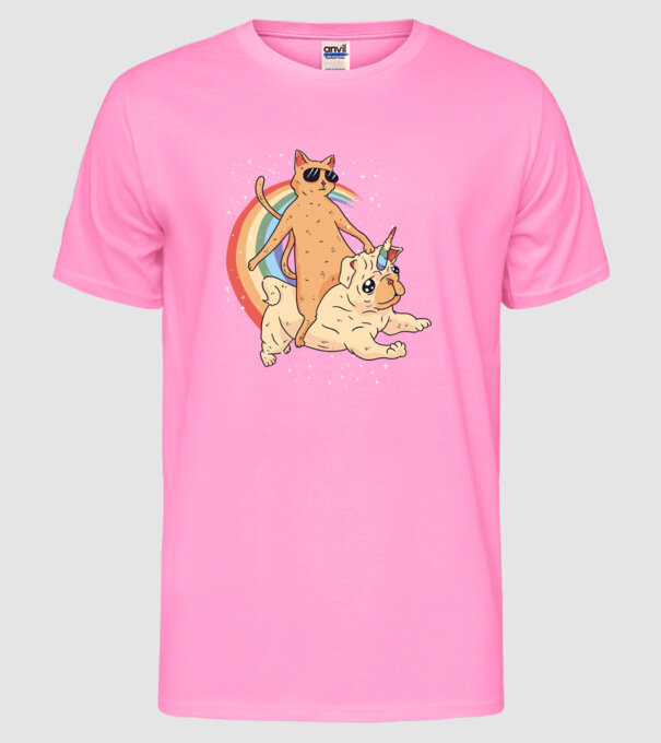 Pisică și Mops unicorn model roz neon pe tricou