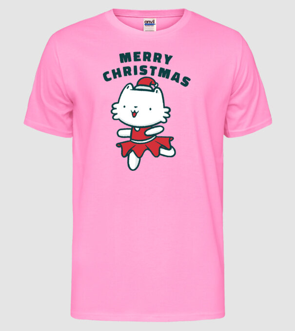 Pisică Merry Christmas model roz neon pe tricou