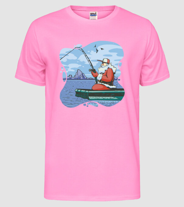 Moș Crăciun la pescuit model roz neon pe tricou