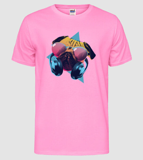 Mops cu căști model roz neon pe tricou