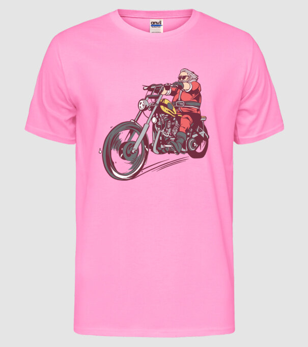 Moș Crăciun motociclist model roz neon pe tricou