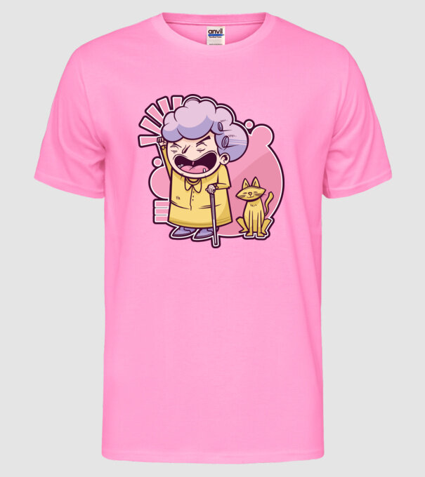 Bunică cu pisică model roz neon pe tricou