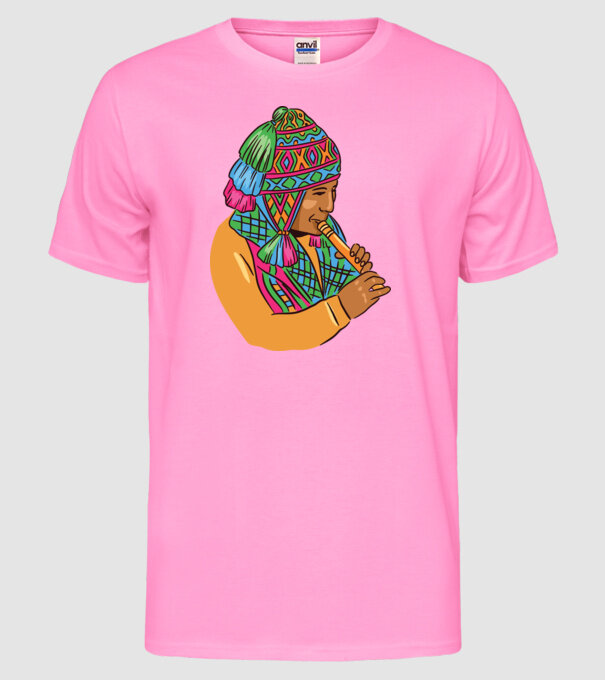 Muzician peruan indigen model roz neon pe tricou