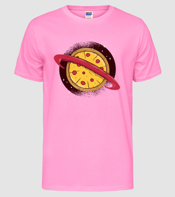 Pizza Planetă model roz neon pe tricou