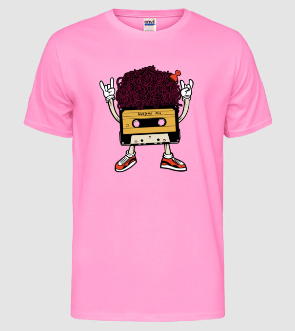 Casetă retro cu păr afro model roz neon pe tricou