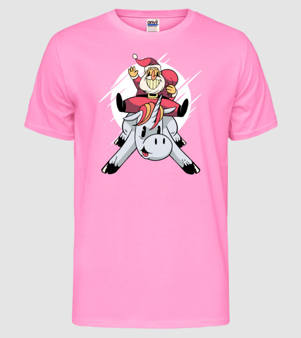 Moș Crăciun pe unicorn model roz neon pe tricou