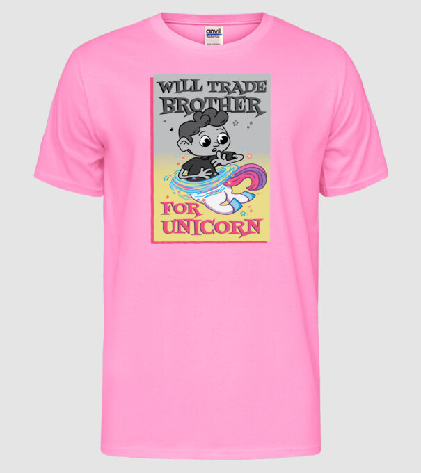 Îl ofer la schimb pe fratele meu pentru un unicorn model roz neon pe tricou
