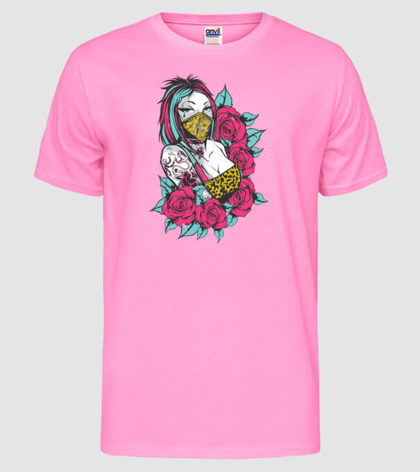 Fată tatuată model roz neon pe tricou