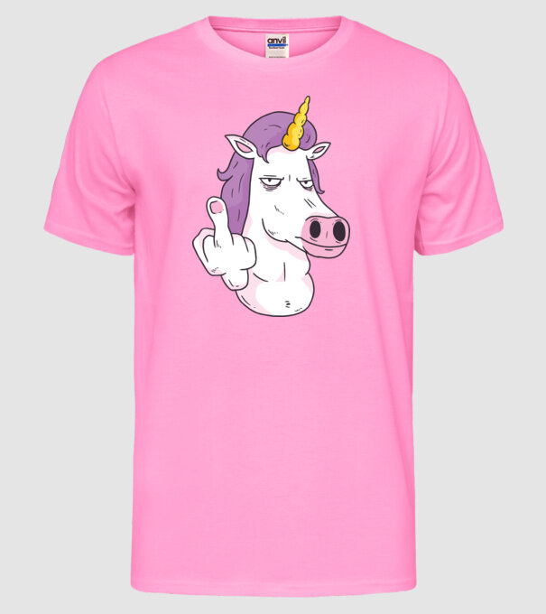 Unicorn arată degetul model roz neon pe tricou