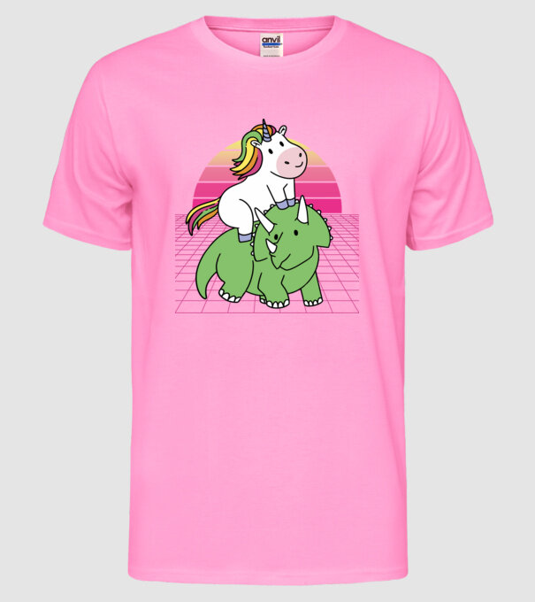 Unicorn pe dinozaur retro model roz neon pe tricou