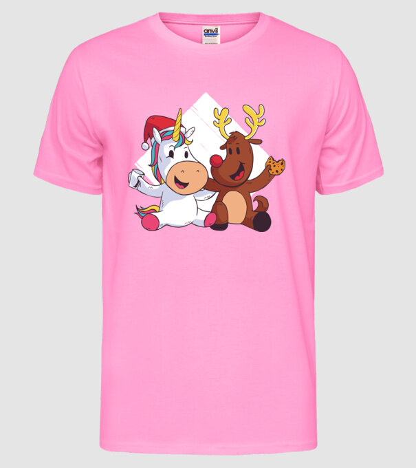Unicorn și Ren prietenie tricou drăguț de Crăciun model roz neon pe tricou