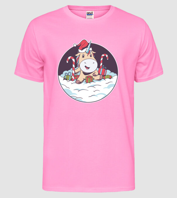 Unicorn Moș Crăciun cu cadouri model roz neon pe tricou