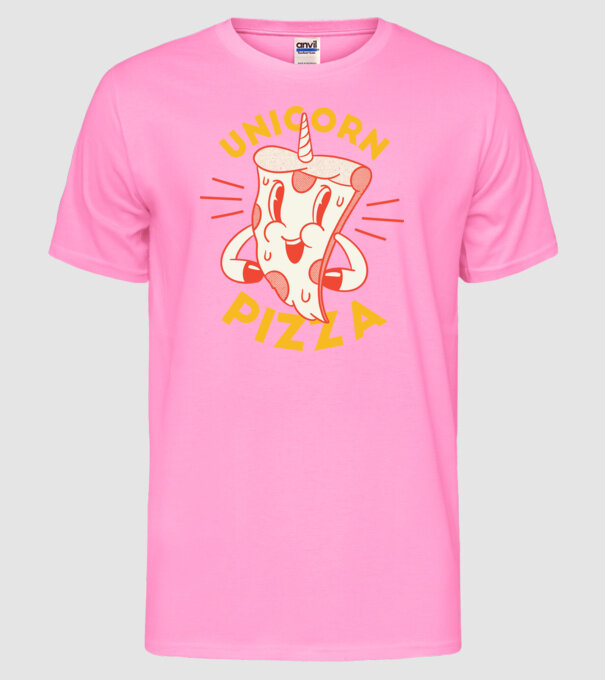 Unicorn Pizza model roz neon pe tricou