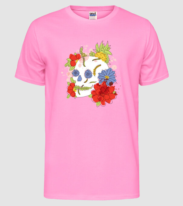 Craniu cu Flori model roz neon pe tricou