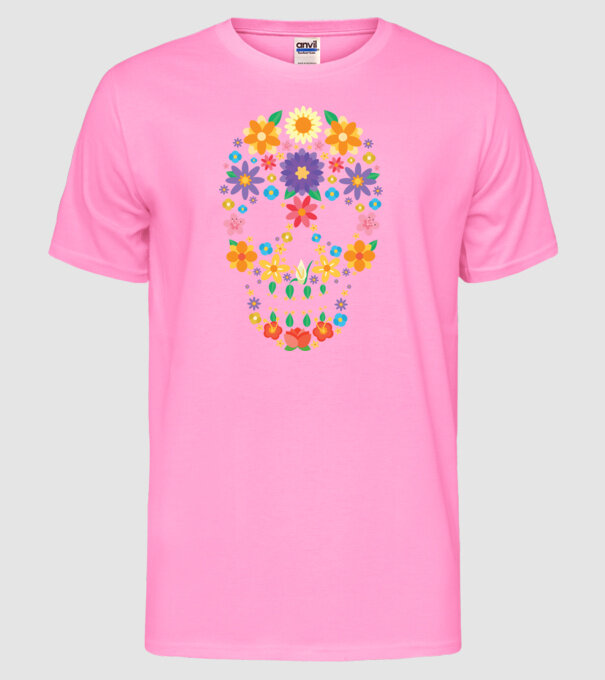 Craniu cu Flori model roz neon pe tricou