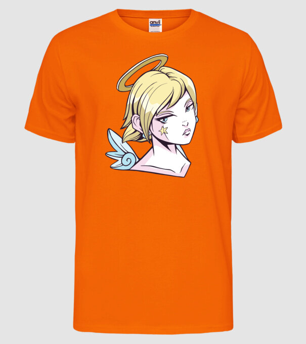 Anime Fată angelică model portocaliu neon pe tricou