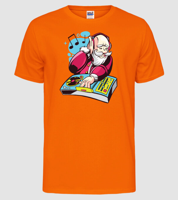 Moș Crăciun DJ model portocaliu neon pe tricou