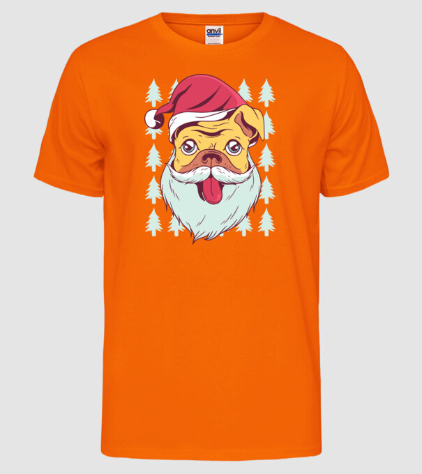 Tricou Crăciun Mops model portocaliu neon pe tricou